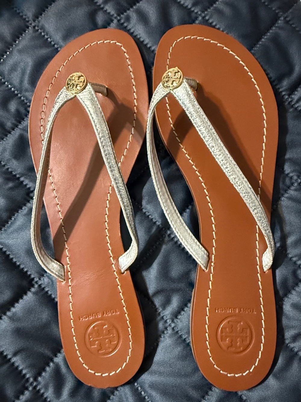 Tory Burch Gold Strap Thong Sandals with Brown Footbed